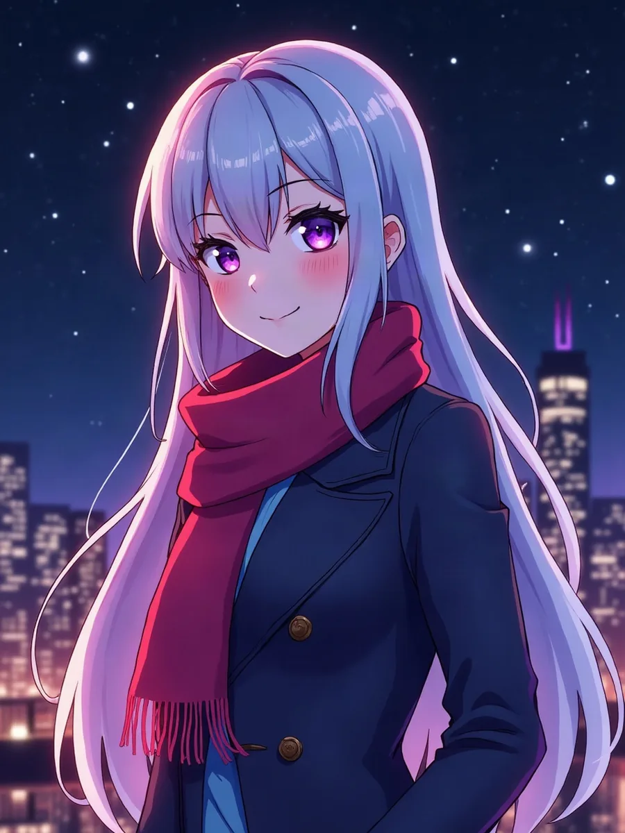 Character.AI: met AI gegenereerde illustratie, vrouwelijk personage in animestijl met lang zilverkleurig haar en paarse ogen, in een lange jas, voor een stad onder de sterren
