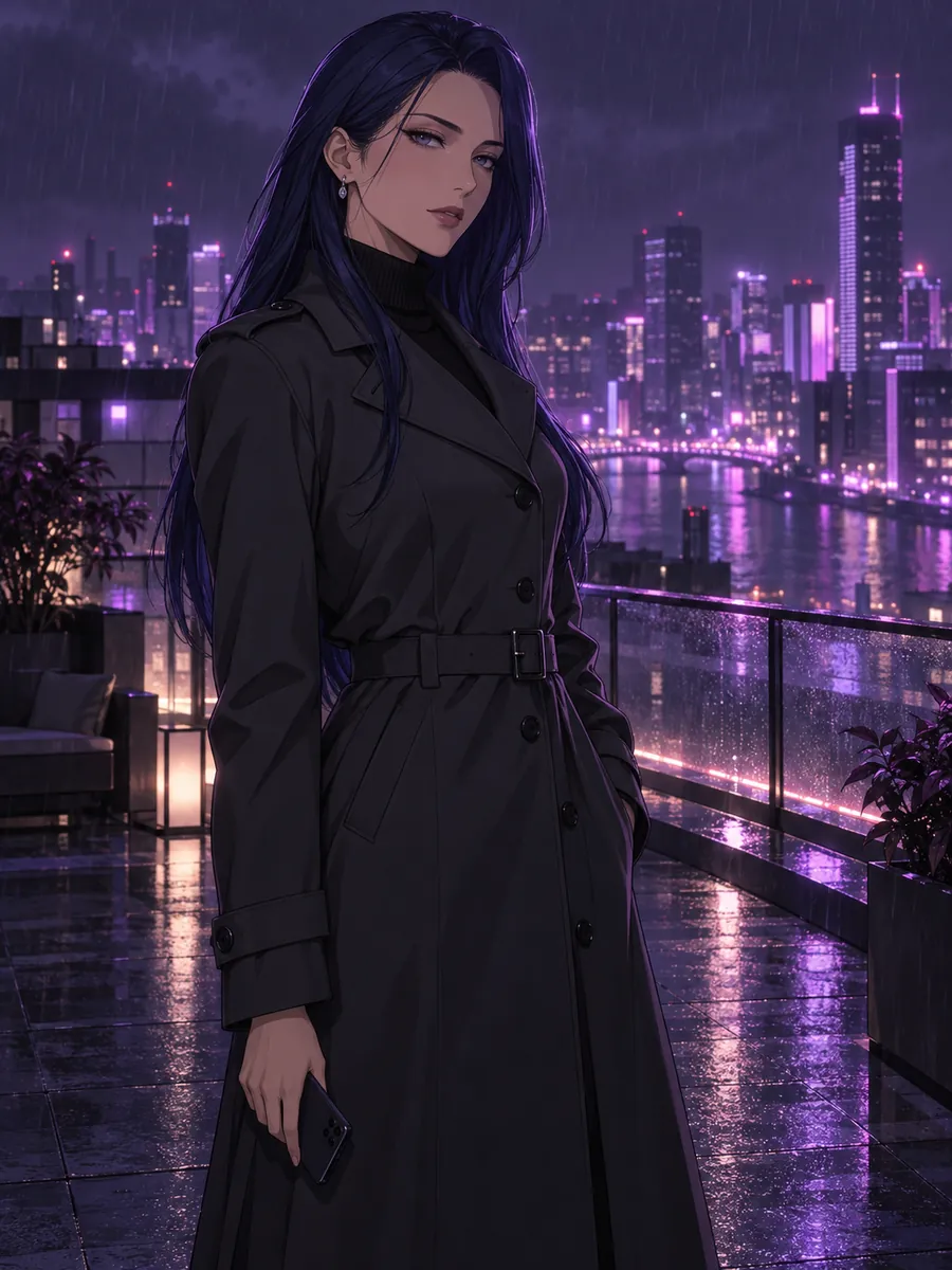 eHentai AI, AI-vriendin: door AI gegenereerde illustratie, anime-illustratie van een volwassen vrouw met lang nachtblauw haar en een antracietkleurige trenchcoat