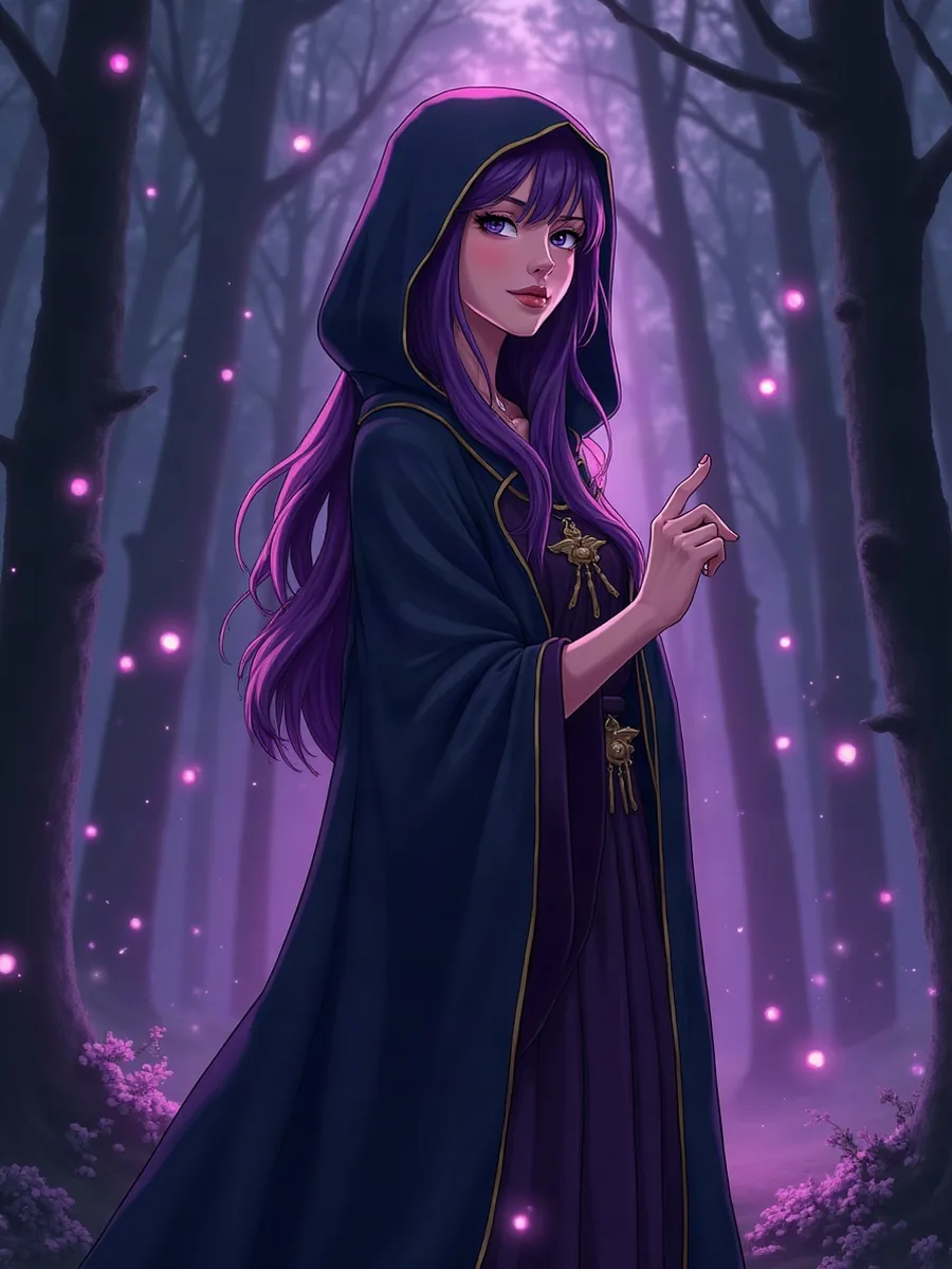 FantasyGF: met AI gegenereerde illustratie, tovenares in animestijl met lang paars haar in een donkere jurk met capuchon, in een bos met lichtgevende bollen