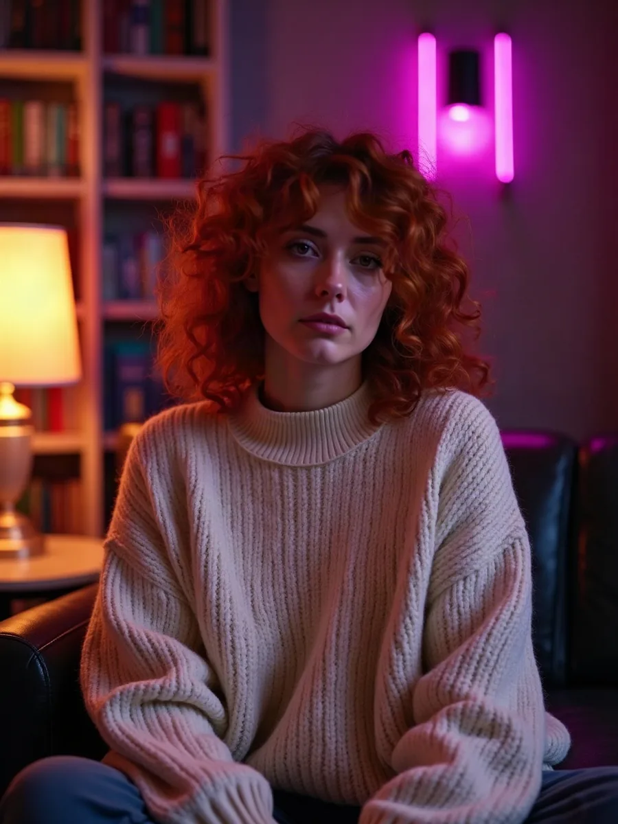 GirlfriendGPT: met AI gegenereerde illustratie, vrouw met rood krullend haar in een dikke crèmekleurige trui, in een bibliotheek met warme lampen