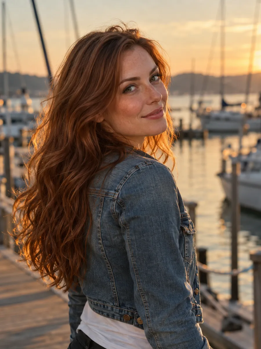 Promptchan: met AI gegenereerde illustratie, vrouw met lang, golvend kastanjebruin haar en een spijkerjasje, die bij zonsondergang op een havensteiger over haar schouder glimlacht