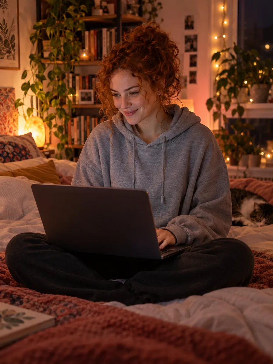 SpicyChat: met AI gegenereerde illustratie, Vrouw met rood krullend haar in een grijze sweater, die glimlachend op een laptop typt terwijl ze ’s avonds op een bed onder een lichtslinger zit