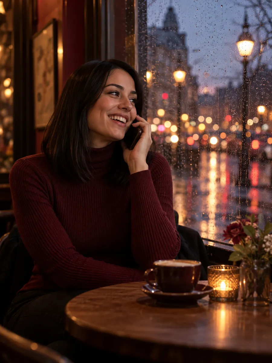 Swipey AI: met AI gegenereerde illustratie, vrouw met steil zwart haar in een bordeauxrode trui, lachend tijdens een telefoongesprek aan een cafétafel, met op de achtergrond een door regen natte ruit in de avond