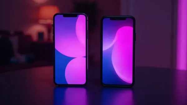 Twee smartphones naast elkaar op een donkere tafel, paarse schermen (illustratie bij het artikel)