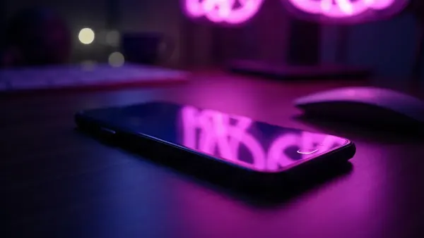 Smartphone op een donker bureau, oplichtende paarse reflecties op het scherm (illustratie bij het artikel)