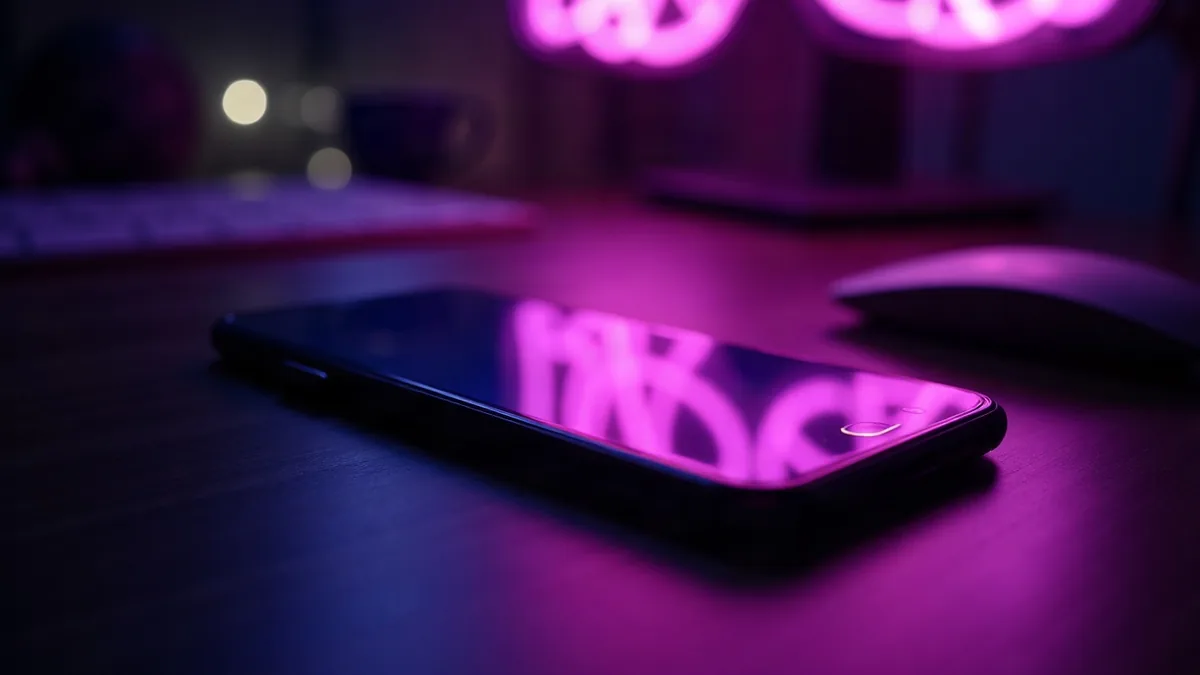 Smartphone op een donker bureau, oplichtende paarse reflecties op het scherm (illustratie bij het artikel)