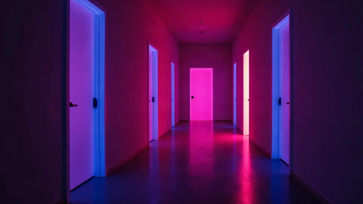 Donkere gang met oplichtende deuren, één op een kier met magenta licht (illustratie bij het artikel)