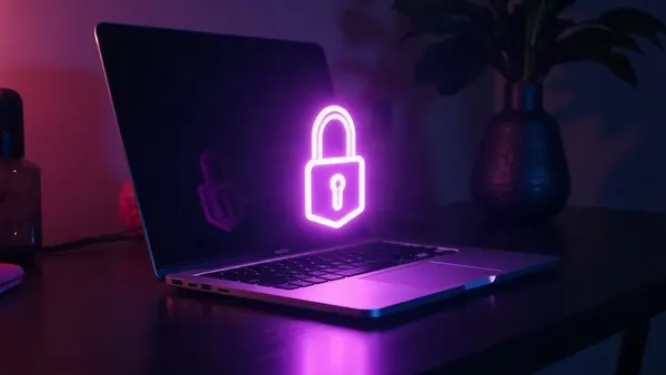 Laptop met een oplichtend paars hangslot boven het toetsenbord (illustratie bij het artikel)