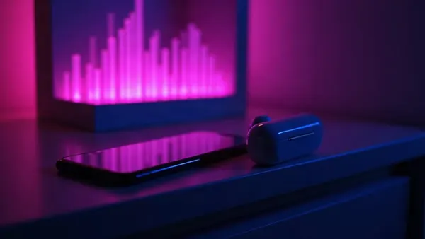 Draadloze oordopjes en telefoon op een nachtkastje, licht in de vorm van een geluidsgolf (illustratie bij het artikel)