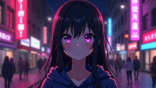 Vrouwelijk animepersonage met zwart haar in een hoodie, in een straat met neonlicht bij nacht (illustratie bij het artikel)