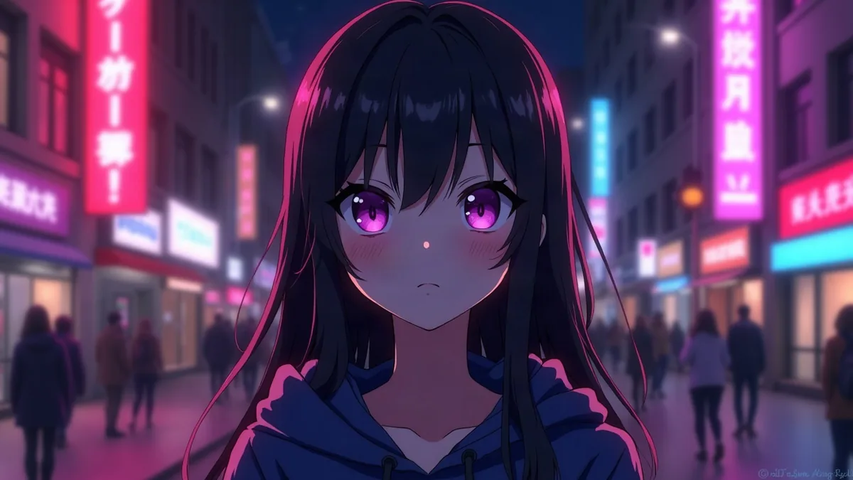 Vrouwelijk animepersonage met zwart haar in een hoodie, in een straat met neonlicht bij nacht (illustratie bij het artikel)