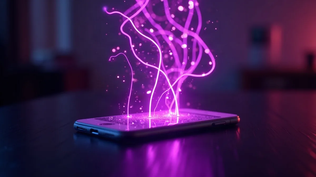 Oplichtende lijnen van een neuraal netwerk die boven een smartphone zweven (illustratie bij het artikel)