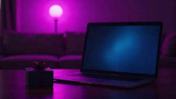 Opengeklapte laptop in een donkere kamer, naast een klein cadeaudoosje (illustratie bij het artikel)