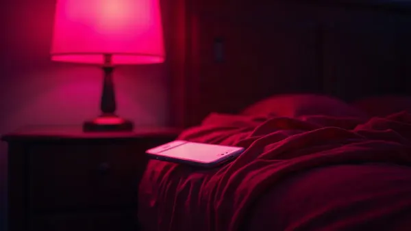 Rode zijde en een oplichtende smartphone op een nachtkastje, magenta licht (illustratie bij het artikel)