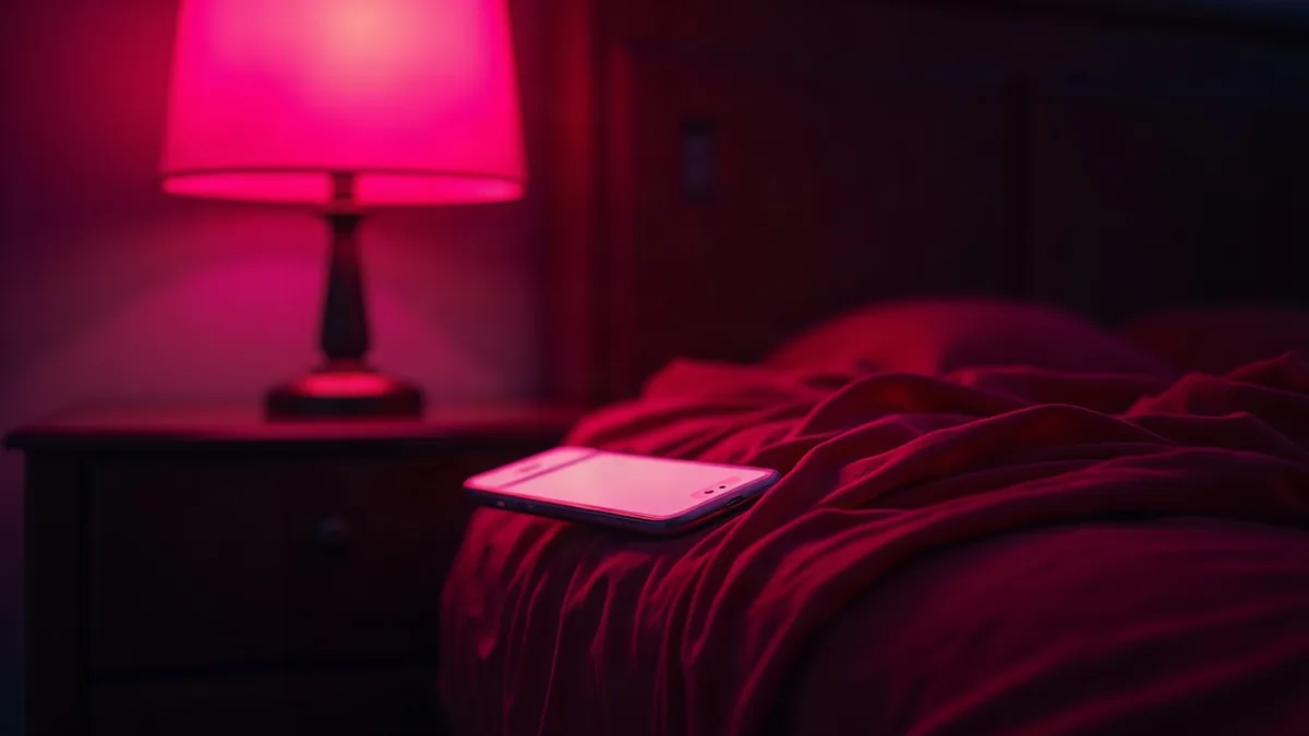 Rode zijde en een oplichtende smartphone op een nachtkastje, magenta licht (illustratie bij het artikel)