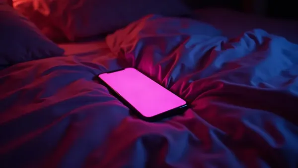 Telefoon op zijden lakens in een donkere slaapkamer, magenta gloed (illustratie bij het artikel)