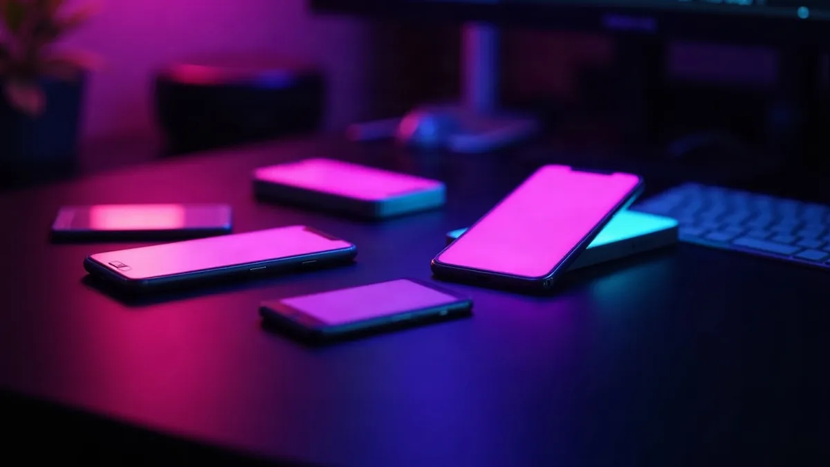 Oplichtende smartphones in een waaier op een donker bureau, één uitgelicht (illustratie bij het artikel)