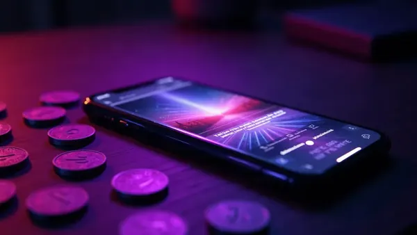Oplichtende paarse tokens verspreid rond een smartphone op een donker bureau (illustratie bij het artikel)