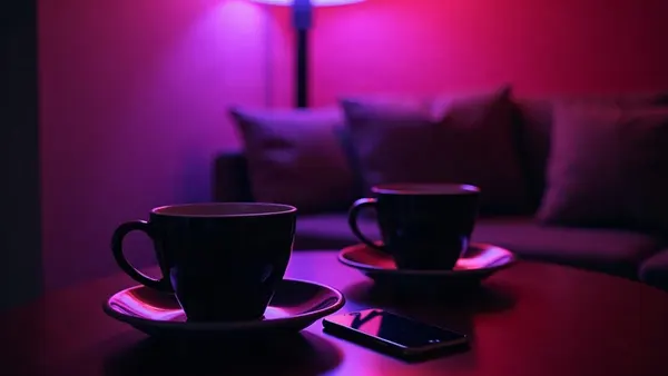 Twee koffiekopjes en twee telefoons op een tafel, warm en paars licht (illustratie bij het artikel)