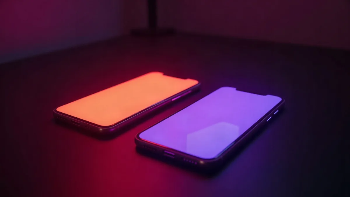 Twee smartphones naast elkaar, de ene oranje, de andere paars, neonreflecties (illustratie bij het artikel)