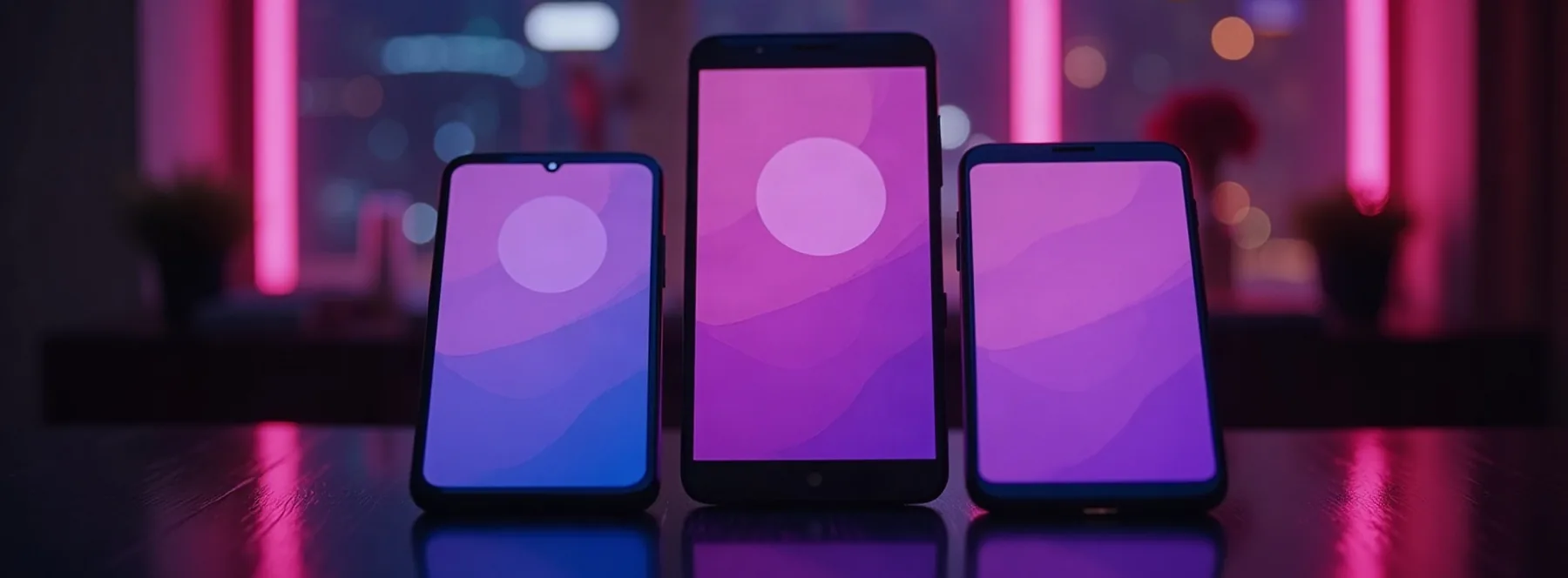 Drie oplichtende smartphones op een donker bureau, wazige chatballonnen op de schermen