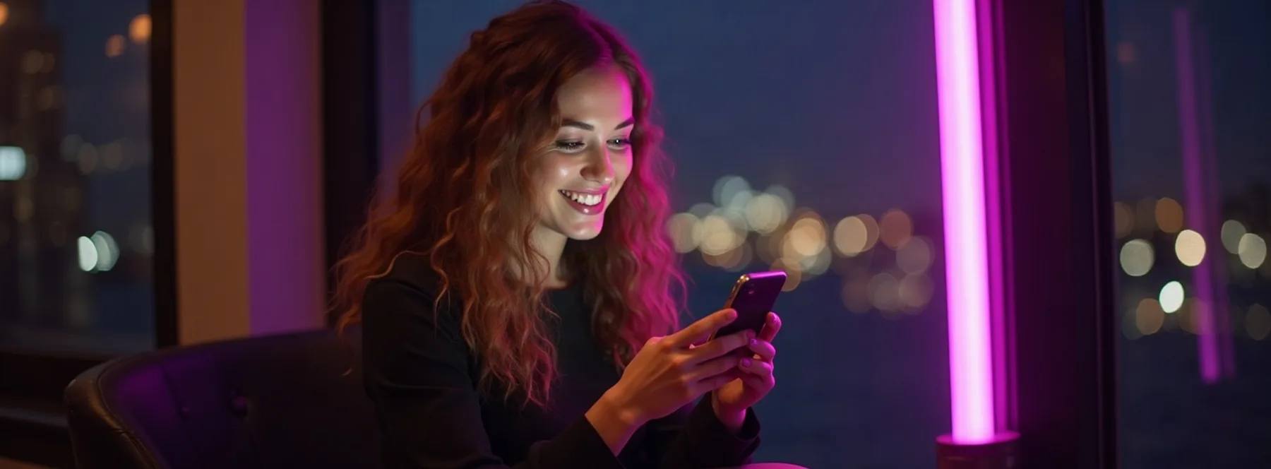 Vrouw met kastanjebruin haar die bij een raam ’s nachts glimlachend naar haar telefoon kijkt