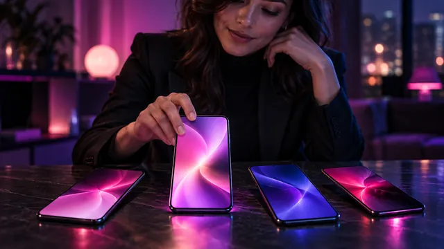Beste alternatieven voor Candy AI: vrouw die een smartphone kiest uit vier oplichtende schermen op een tafel