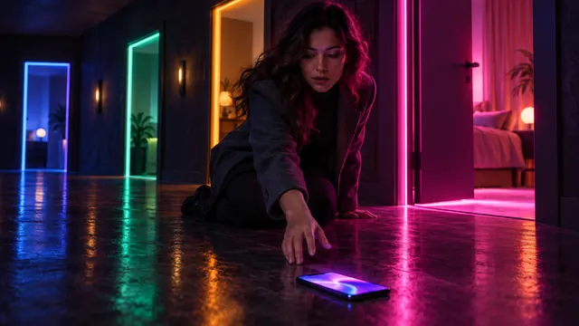 Beste alternatieven voor Character.AI: vrouw die een smartphone opraapt in een gang met oplichtende deuren in verschillende kleuren