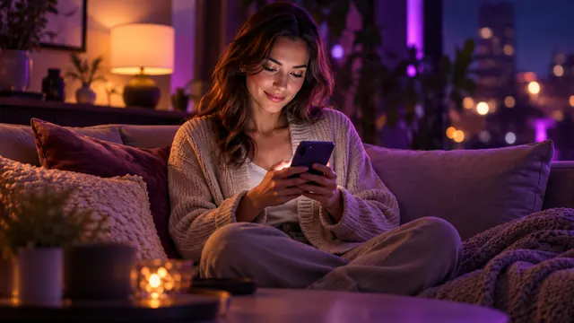 Beste alternatieven voor Replika: vrouw in een beige vest die ’s avonds op de bank naar haar telefoon glimlacht