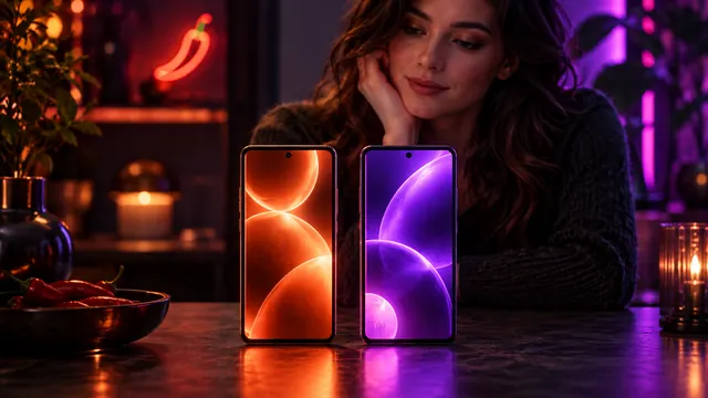 Beste alternatieven voor SpicyChat: vrouw die met haar ellebogen achter twee smartphones leunt, de ene oranje, de andere paars