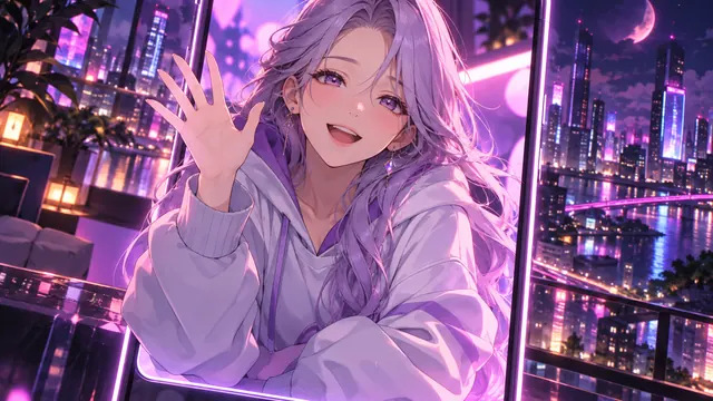 Beste anime AI-vriendin: anime-illustratie van een volwassen vrouw met lavendelkleurig haar en een sweater, die zwaait vanaf een scherm in een neonstad