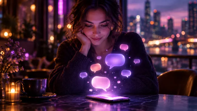 Beste AI-vriendin in het Nederlands: lachende vrouw aan een cafétafeltje, met oplichtende chatballonnen die uit haar smartphone opstijgen