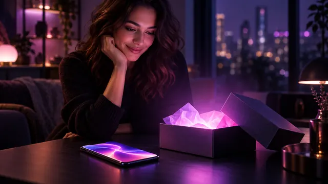 Beste gratis AI-vriendin: lachende vrouw bij een smartphone en een open cadeaudoos waar paars licht uit komt