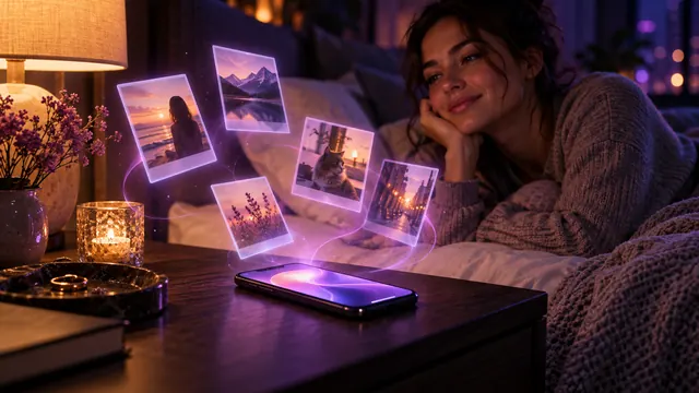 Beste AI-vriendin met geheugen: lachende vrouw bij een nachtkastje, met oplichtende herinneringsfoto’s die boven haar smartphone zweven