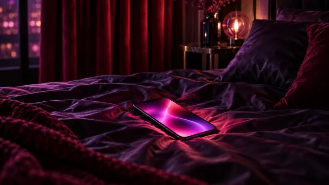 Beste AI-vriendin NSFW: smartphone op donkere zijden lakens, magenta gloed en een rood fluwelen gordijn