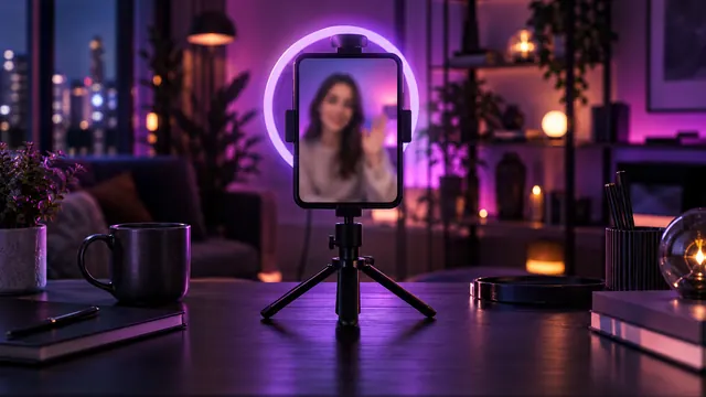 Beste AI-vriendin met video: smartphone op een statief met een vrouw in een videogesprek, paarse ringlamp