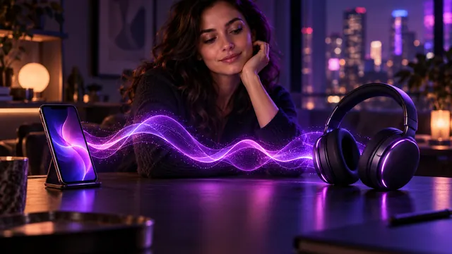 Beste AI-vriendin met stem: lachende vrouw, met een oplichtende geluidsgolf tussen een smartphone en een koptelefoon