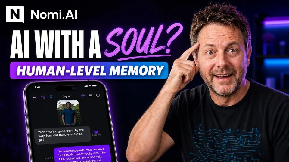 Thumbnail van de YouTube-video “Nomi Review | Is This the Future of AI Companions?” (kanaal Mason AI Studio)